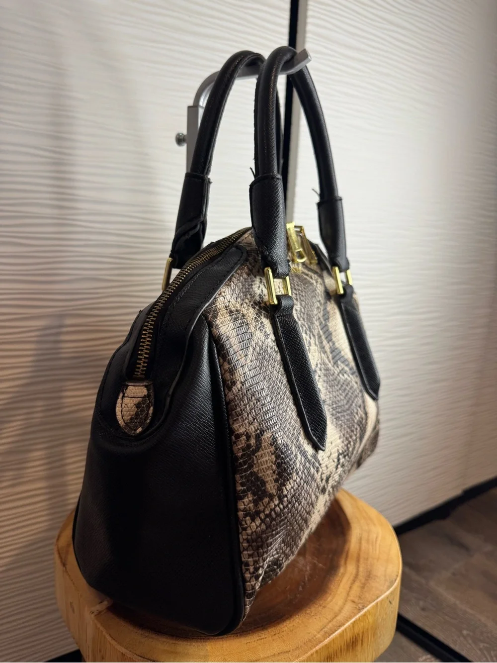 London Fog Black and Beige Python-Print Dome Satchel